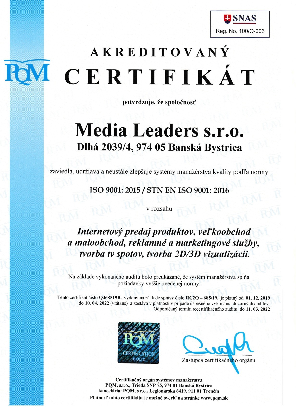 iso 9001 -sertifikaatti media leaders sro