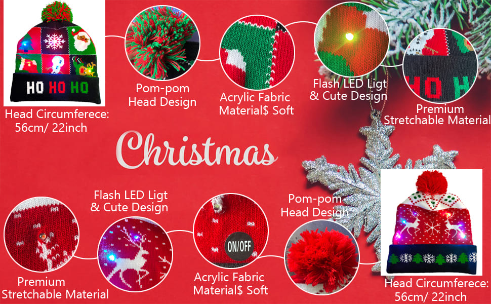 Hatut jouluksi, pipot talveksi, erilaiset mallit valaisevat LED:llä