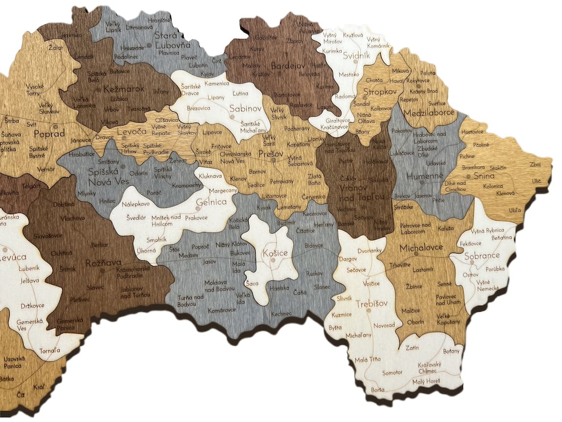 Seinäkartta Slovakiasta, kaupungeista, kylistä, kylistä, 3D-seinäkartta